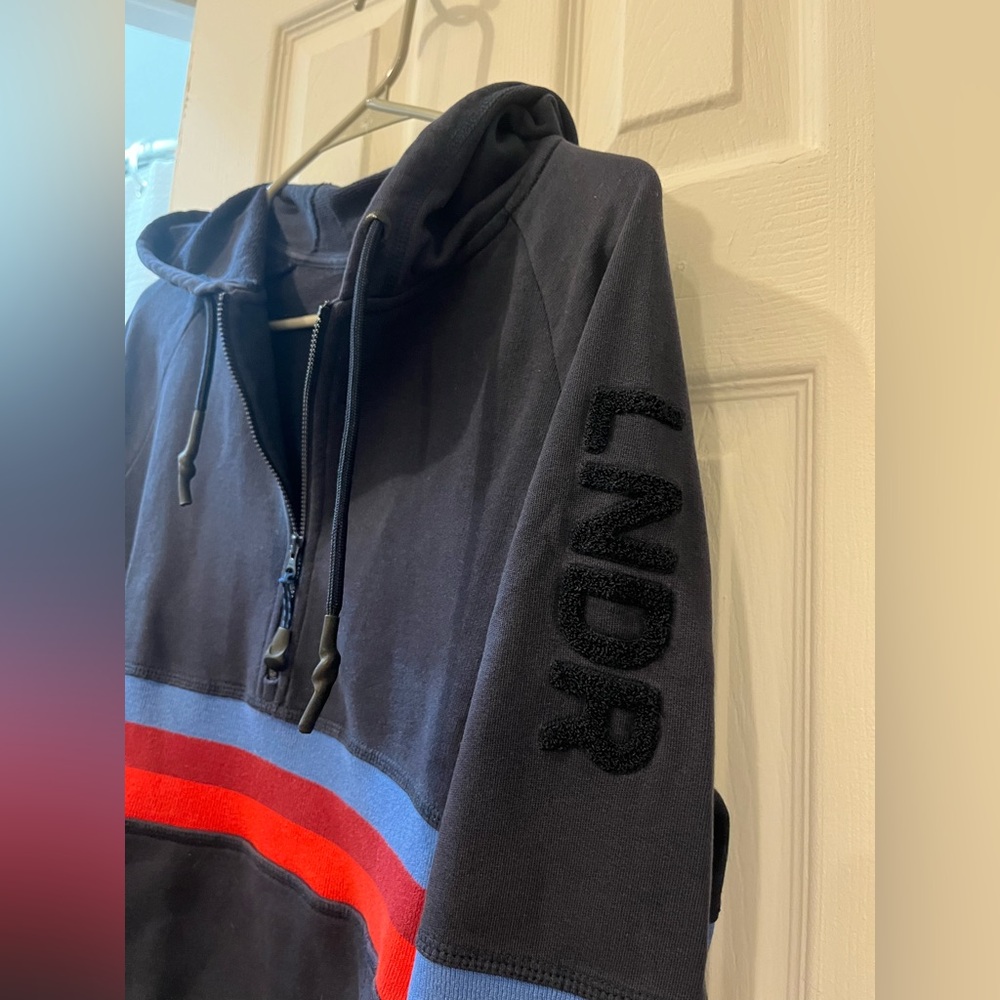 Women's Navy Zip-Up Hoodie with Red and Blue Stripes - Picture 4 of 5